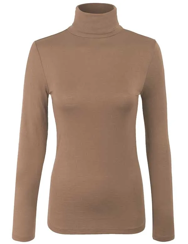 Turtleneck Long Sleeve Basic Solid Fitted Shirt with Stretch (95% Rayon/5% Spandex)