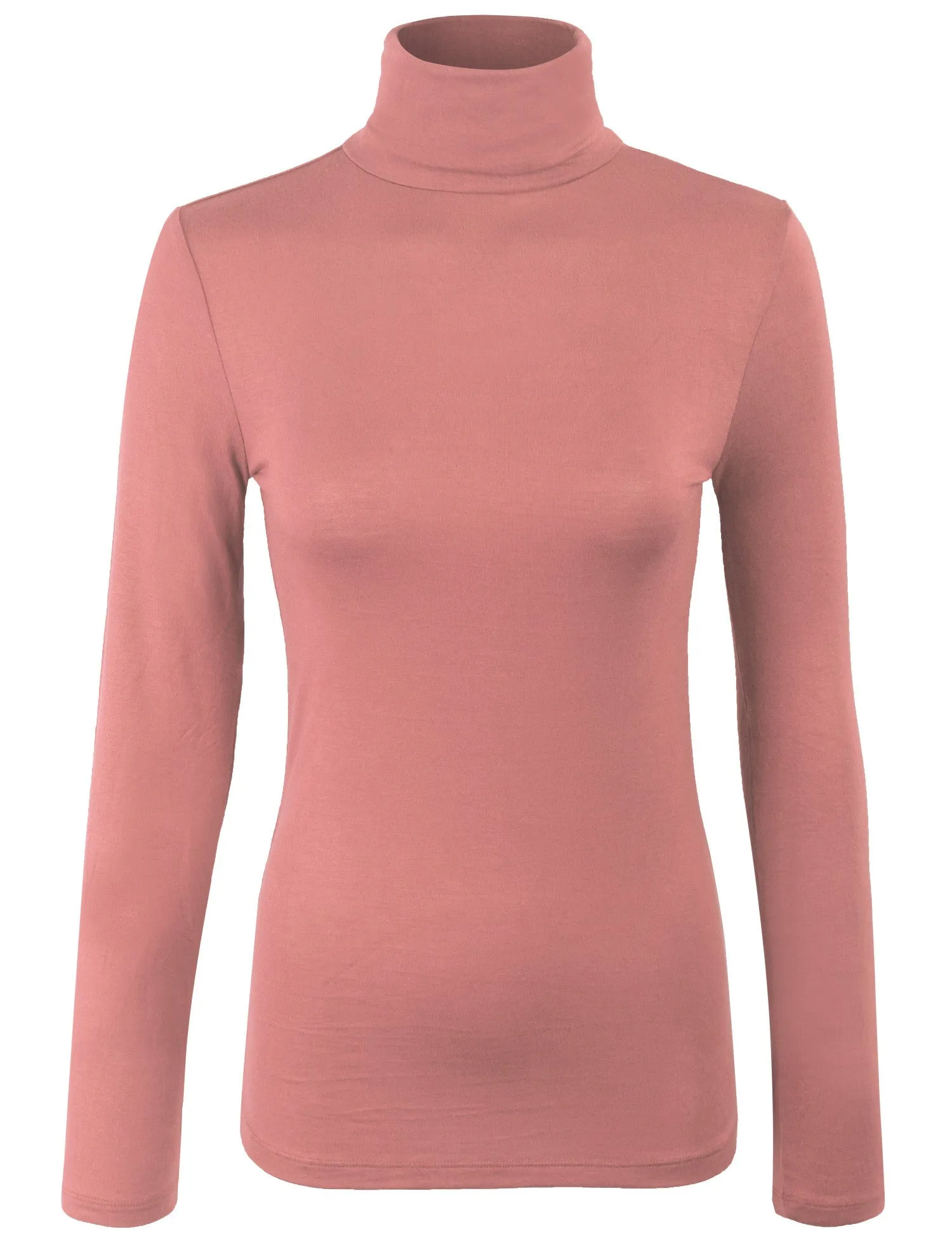 Turtleneck Long Sleeve Basic Solid Fitted Shirt with Stretch (95% Rayon/5% Spandex)