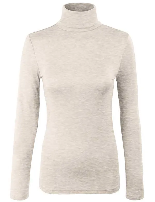 Turtleneck Long Sleeve Basic Solid Fitted Shirt with Stretch (95% Rayon/5% Spandex)