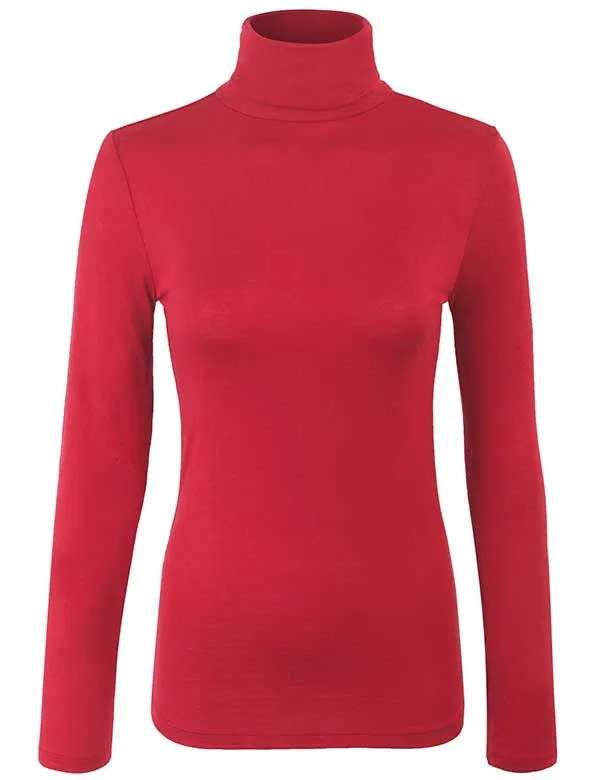 Turtleneck Long Sleeve Basic Solid Fitted Shirt with Stretch (95% Rayon/5% Spandex)