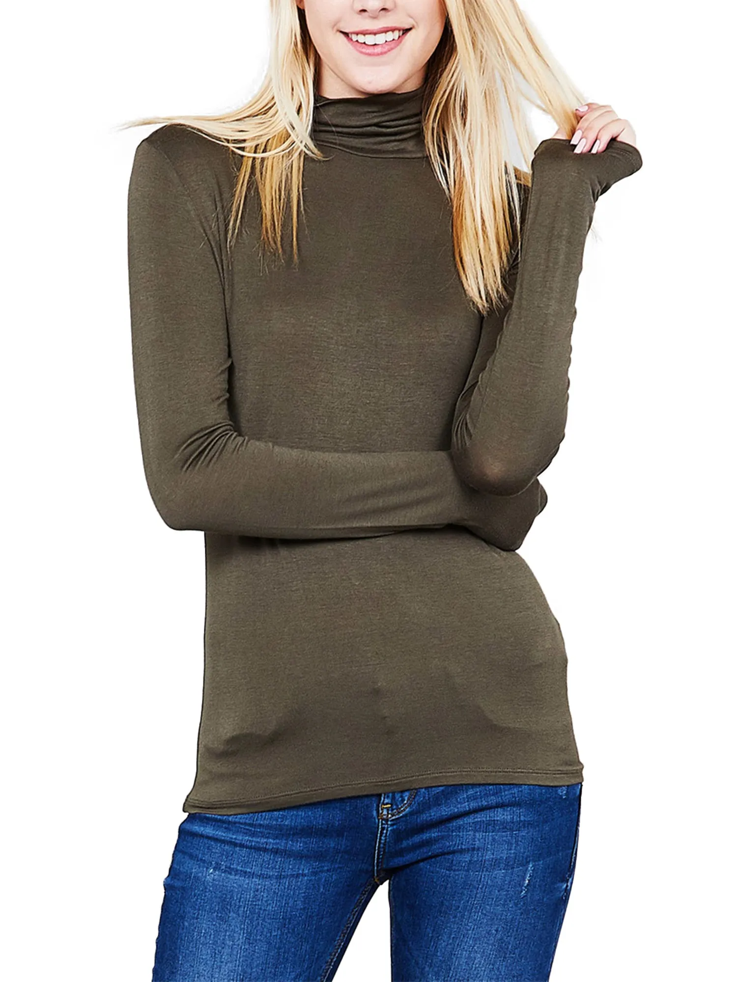 Turtleneck Long Sleeve Basic Solid Fitted Shirt with Stretch (95% Rayon/5% Spandex)