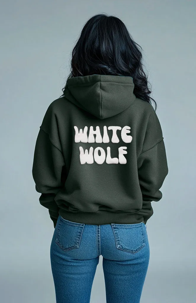 Unisex White Wolf Premium Fleece- Hoodie (Dark Cool Green) White