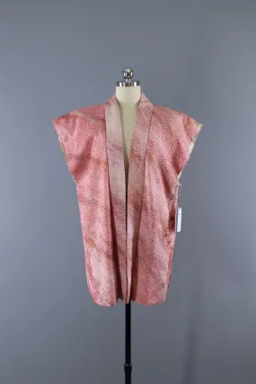 Vintage 1960s Silk Kimono Vest Cardigan / Pink Shibori Floral