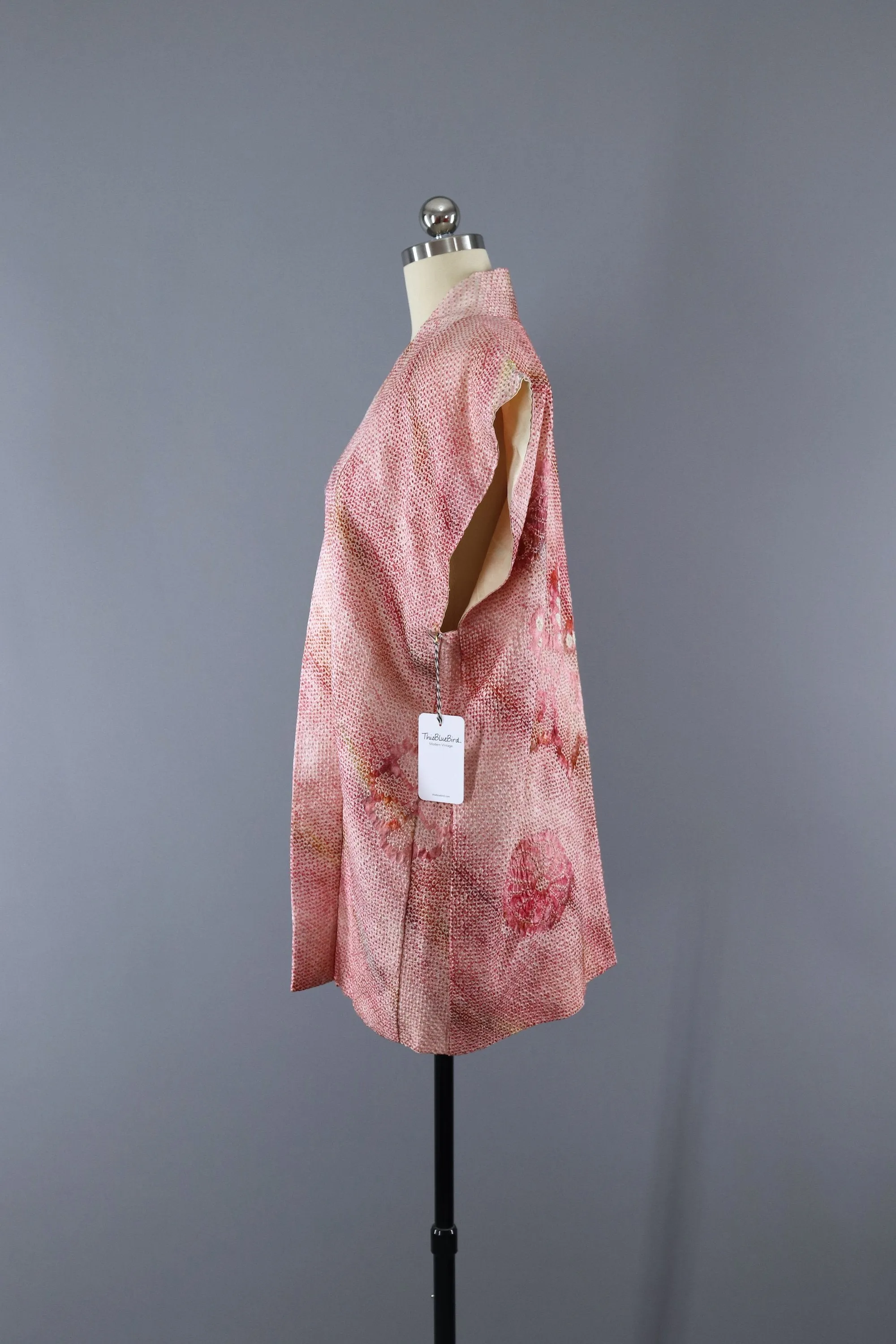 Vintage 1960s Silk Kimono Vest Cardigan / Pink Shibori Floral