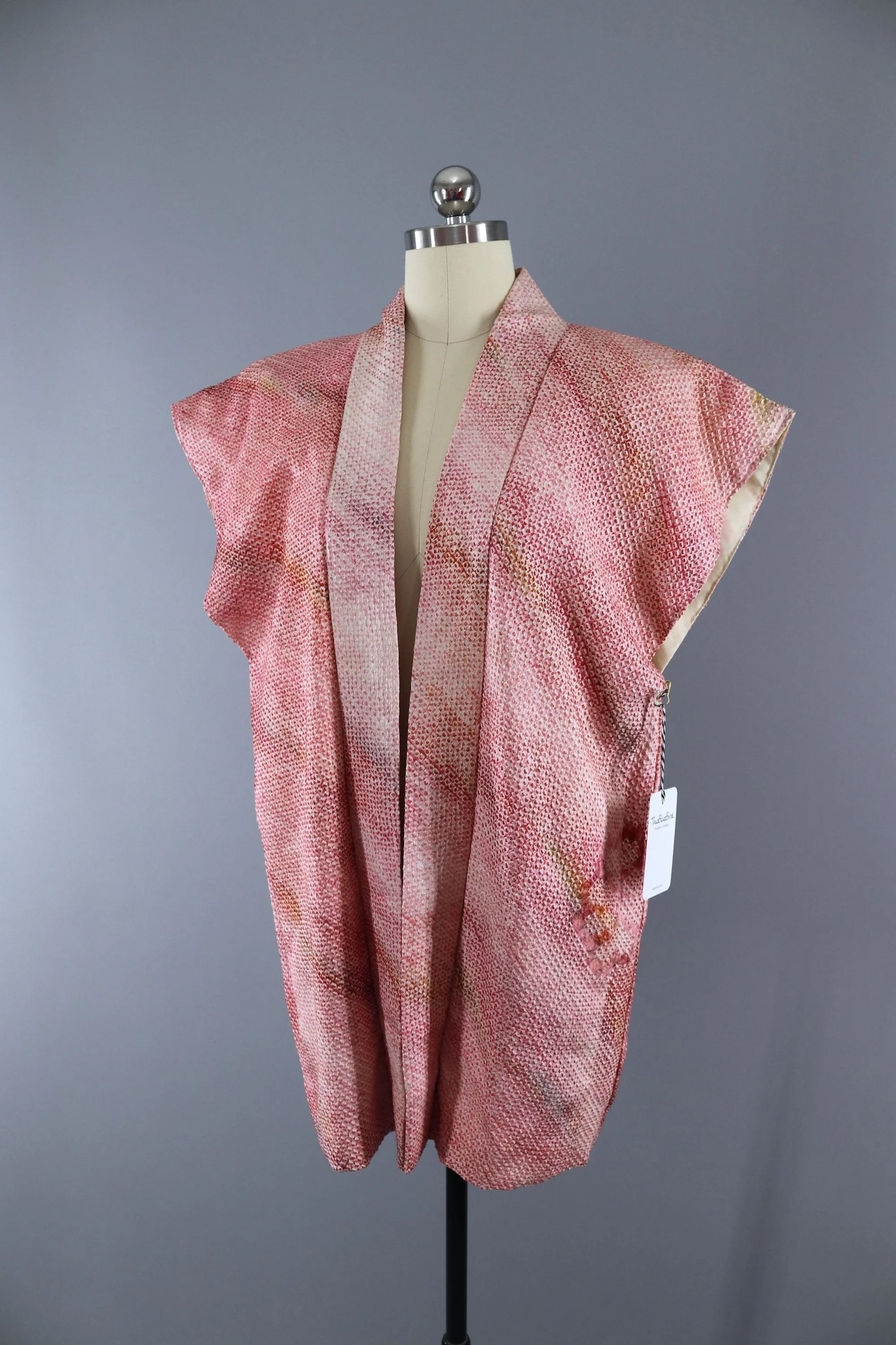 Vintage 1960s Silk Kimono Vest Cardigan / Pink Shibori Floral