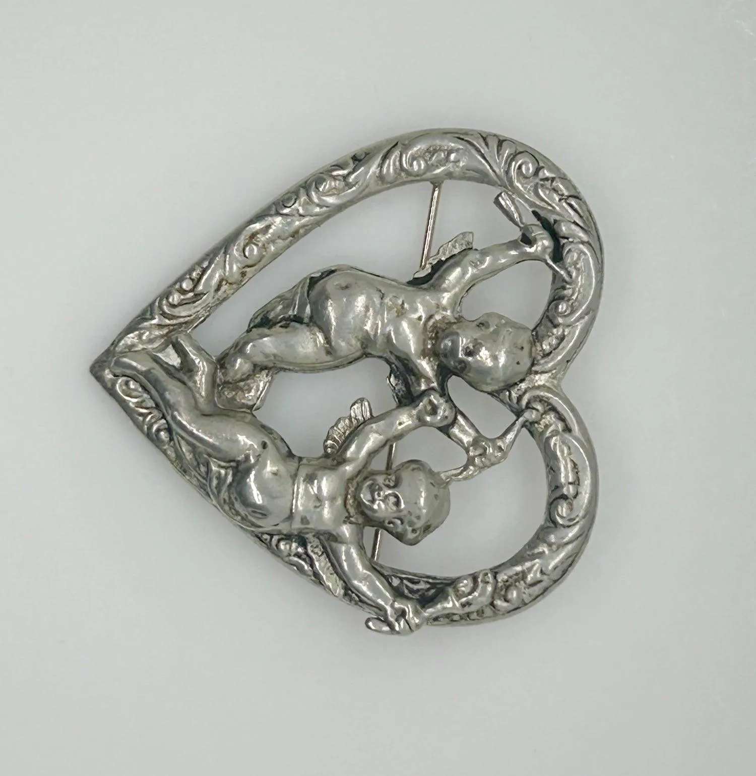 Vintage Renaissance Revival Heart Brooch With Cherubs