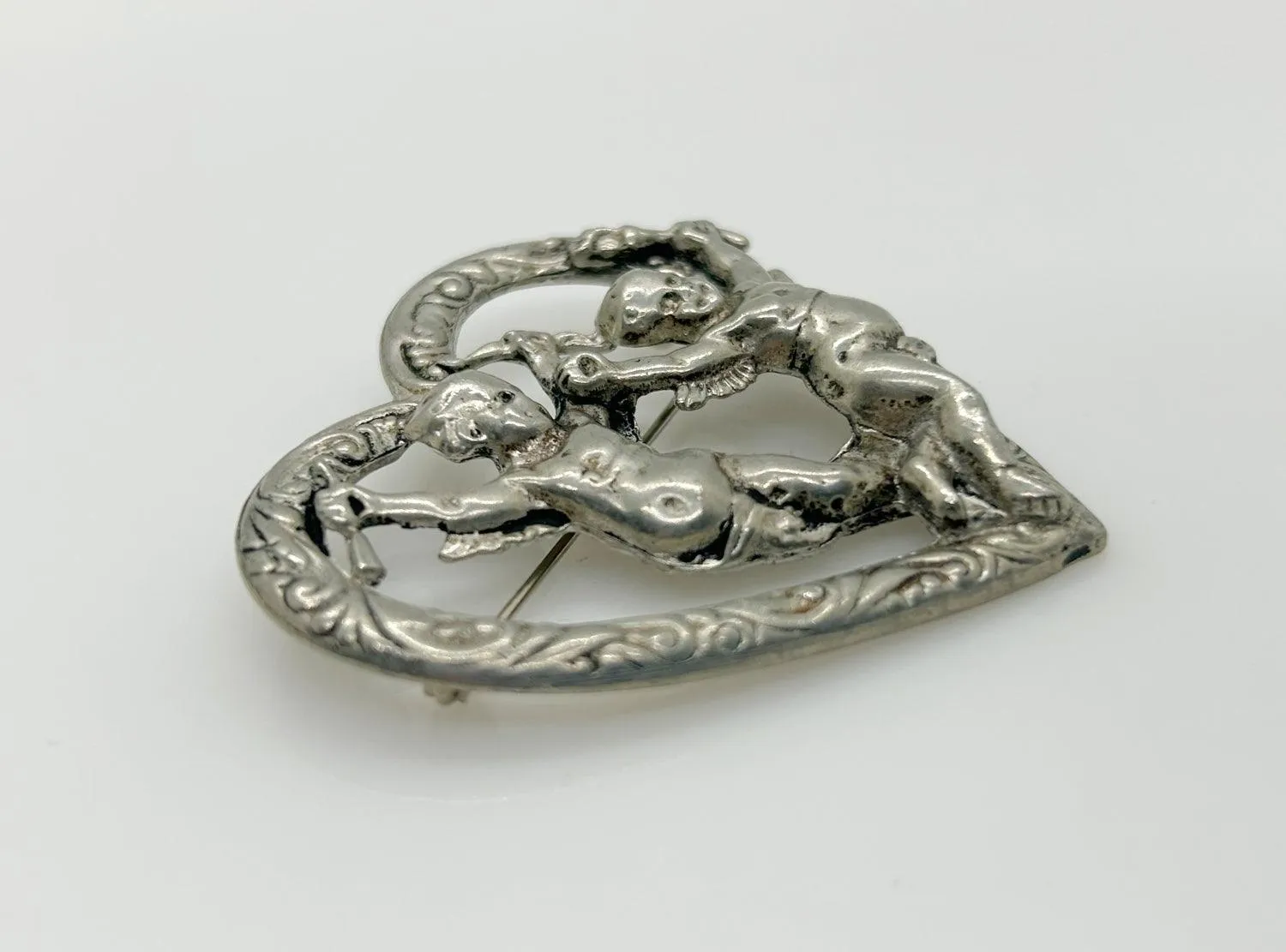 Vintage Renaissance Revival Heart Brooch With Cherubs