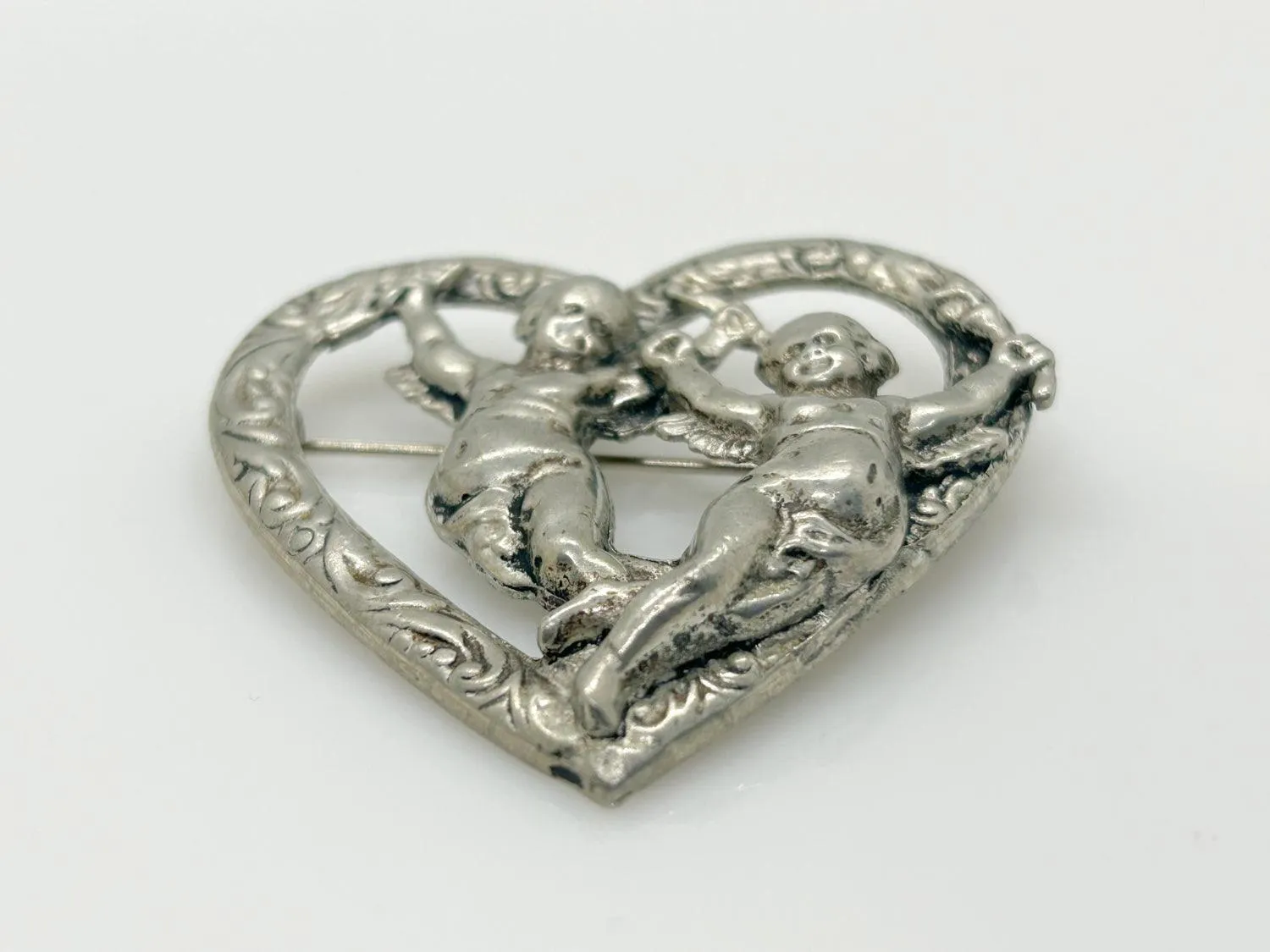 Vintage Renaissance Revival Heart Brooch With Cherubs