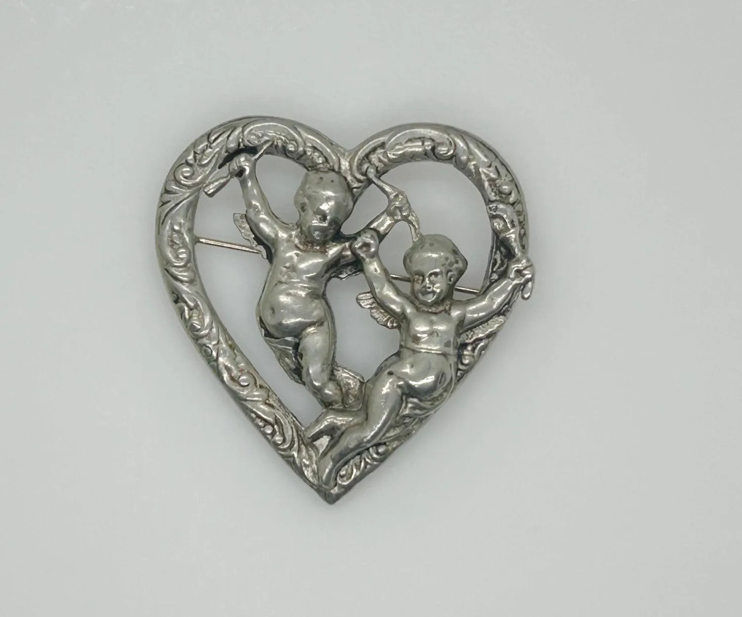 Vintage Renaissance Revival Heart Brooch With Cherubs