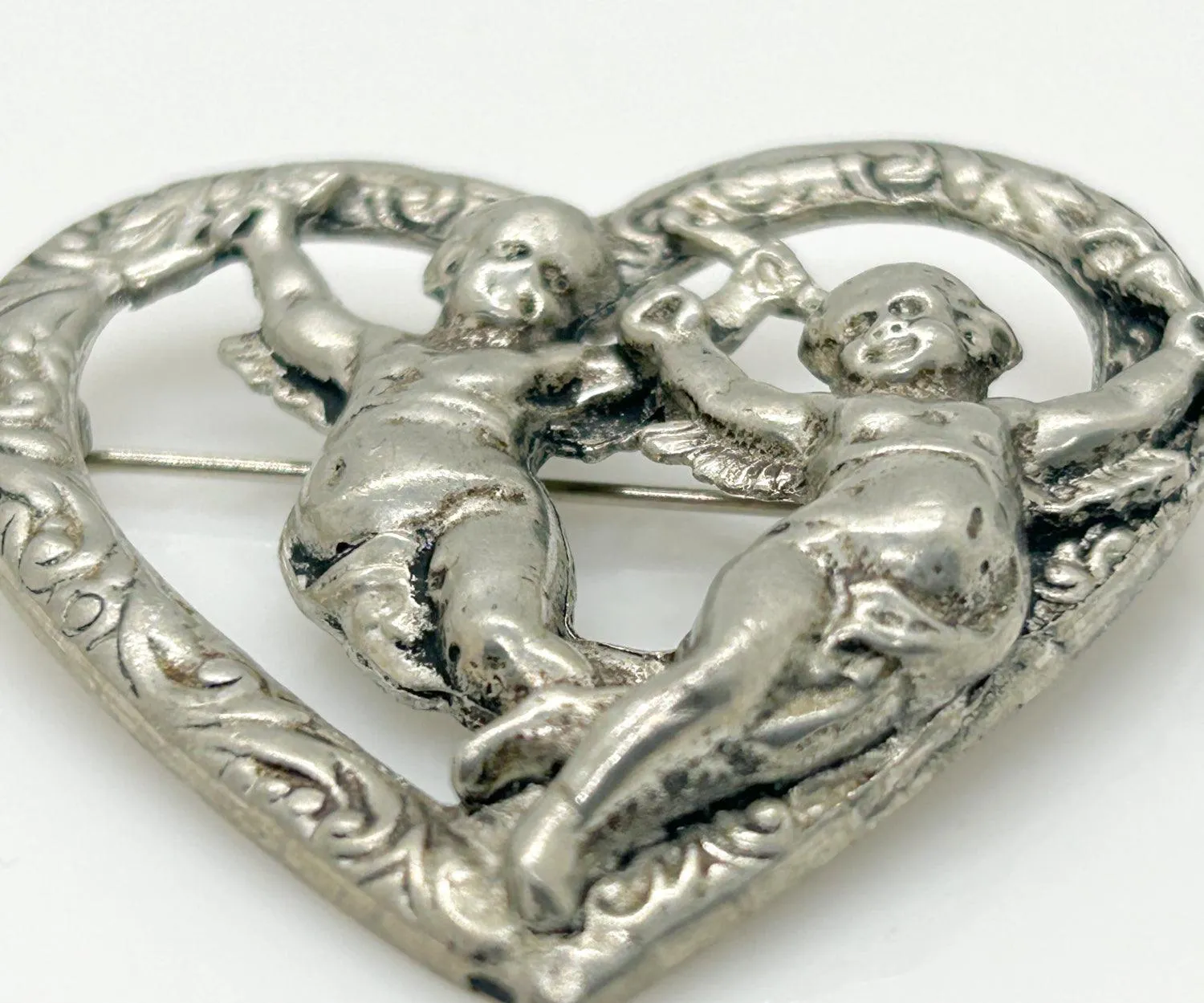 Vintage Renaissance Revival Heart Brooch With Cherubs