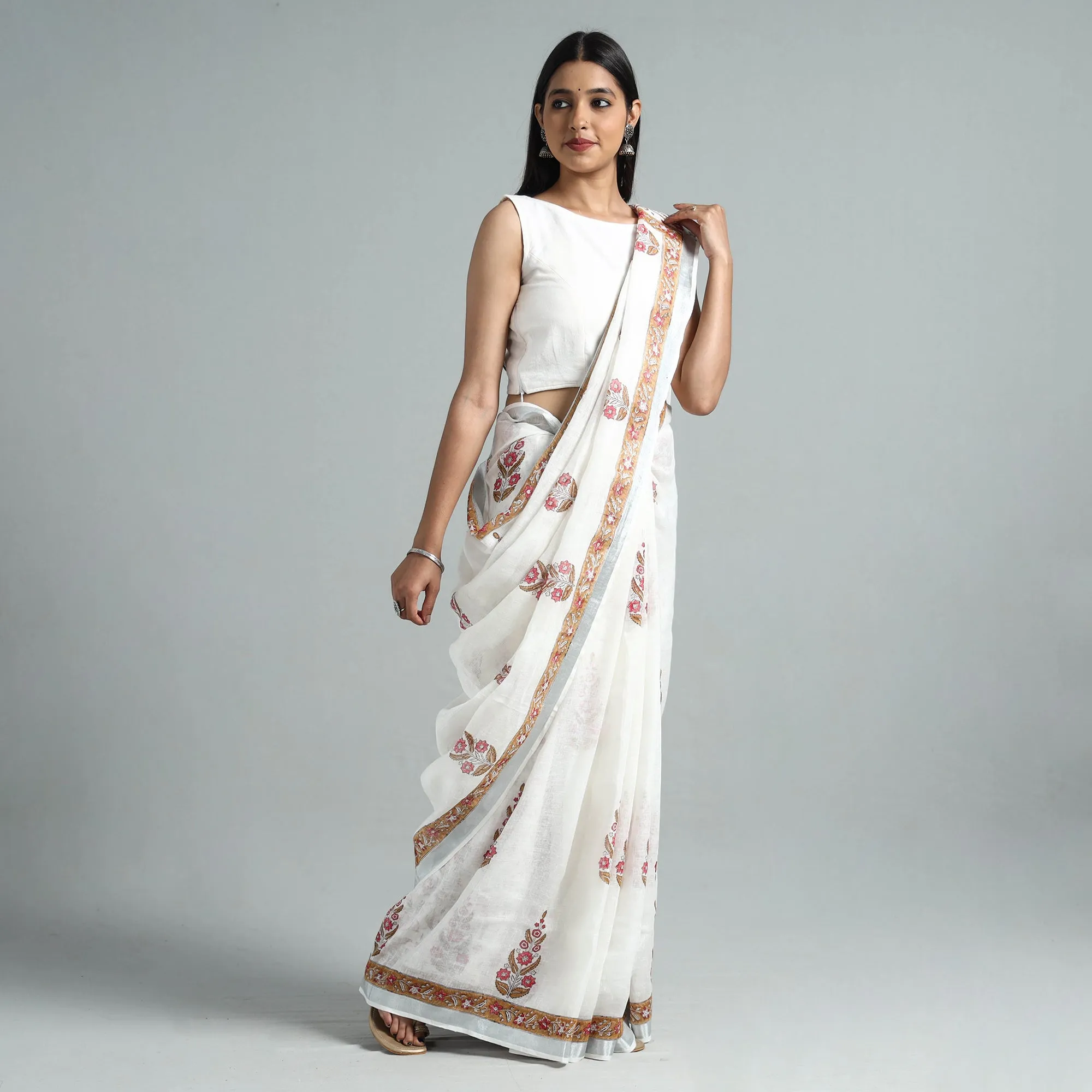 white - Sanganeri Block Printed Linen Handloom Saree