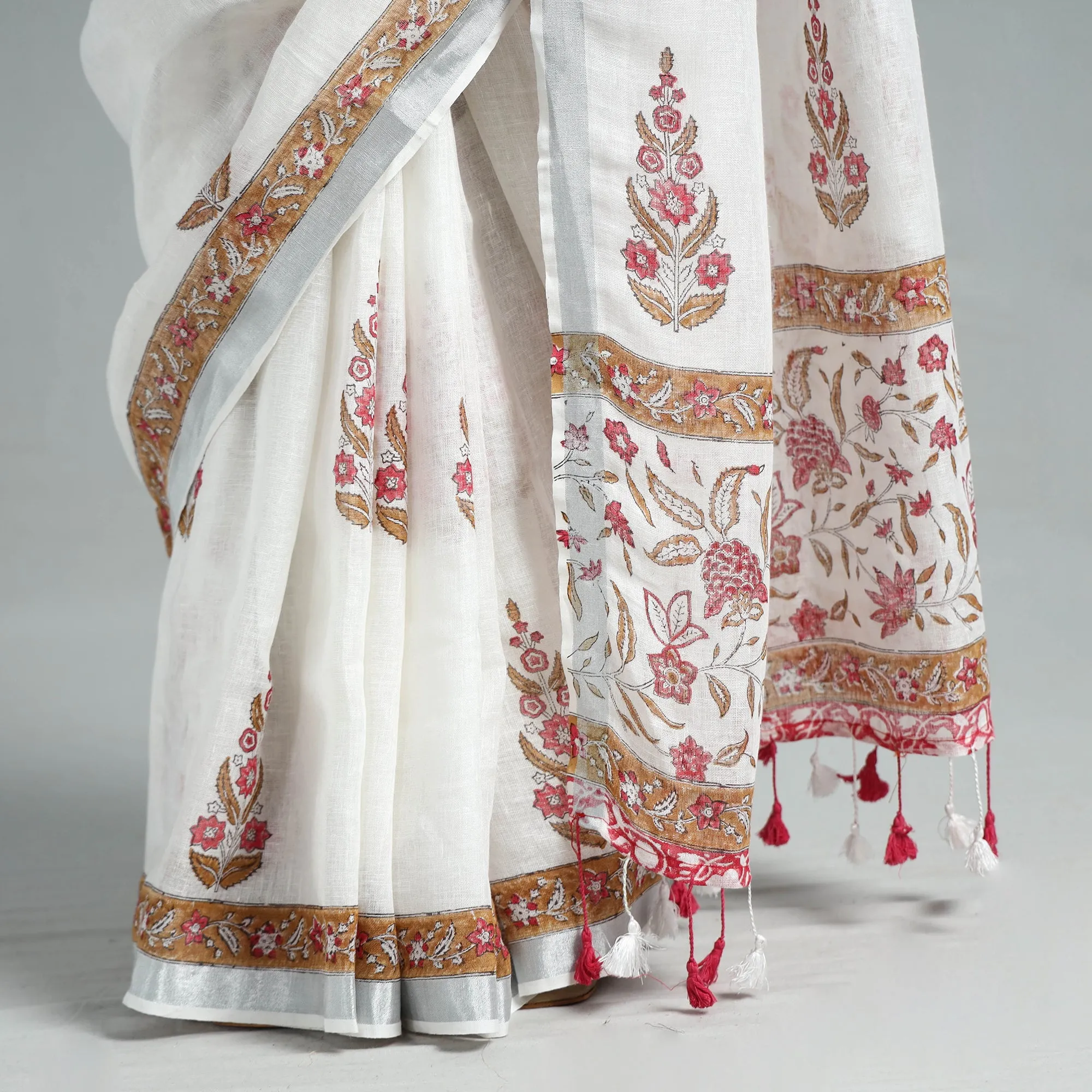 white - Sanganeri Block Printed Linen Handloom Saree