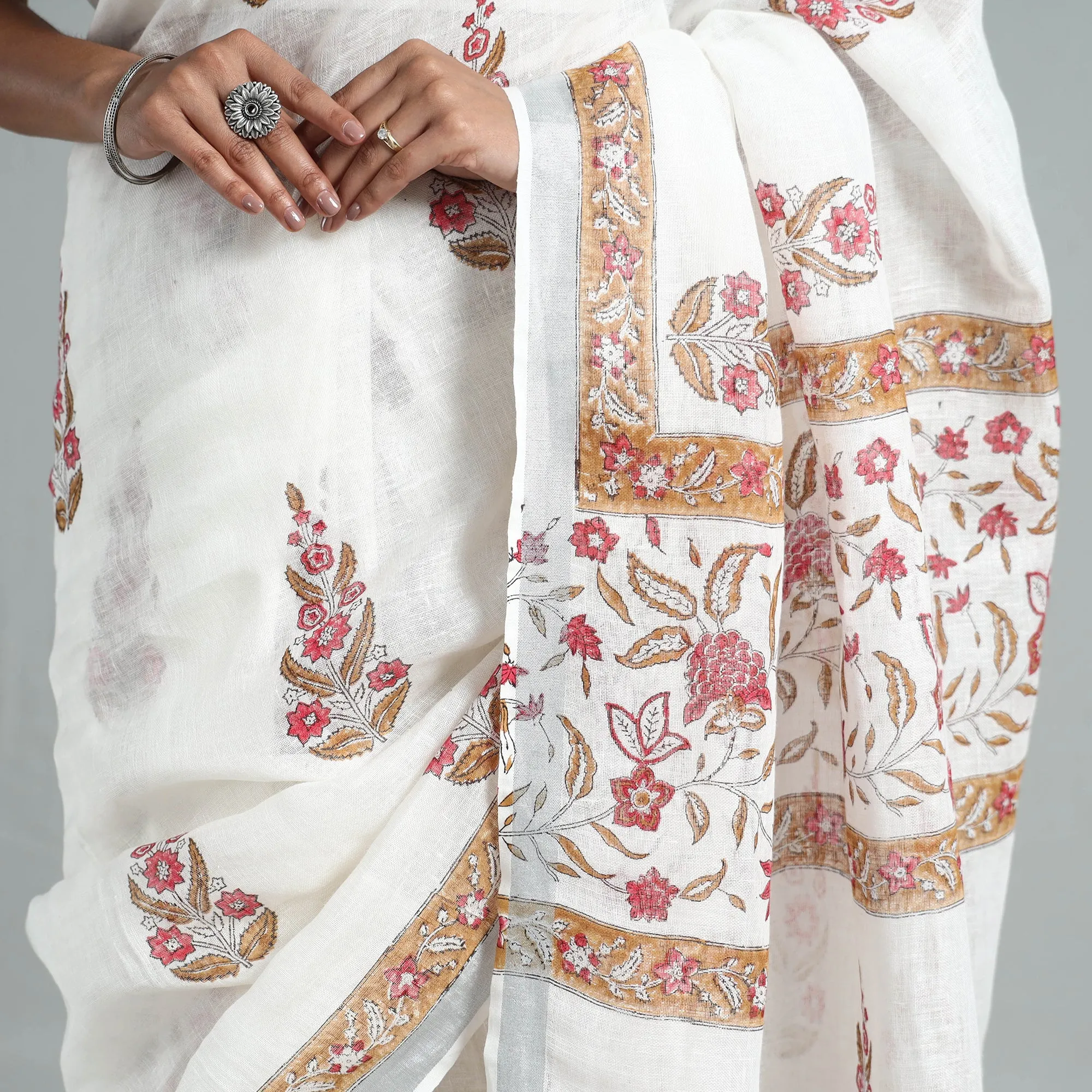 white - Sanganeri Block Printed Linen Handloom Saree