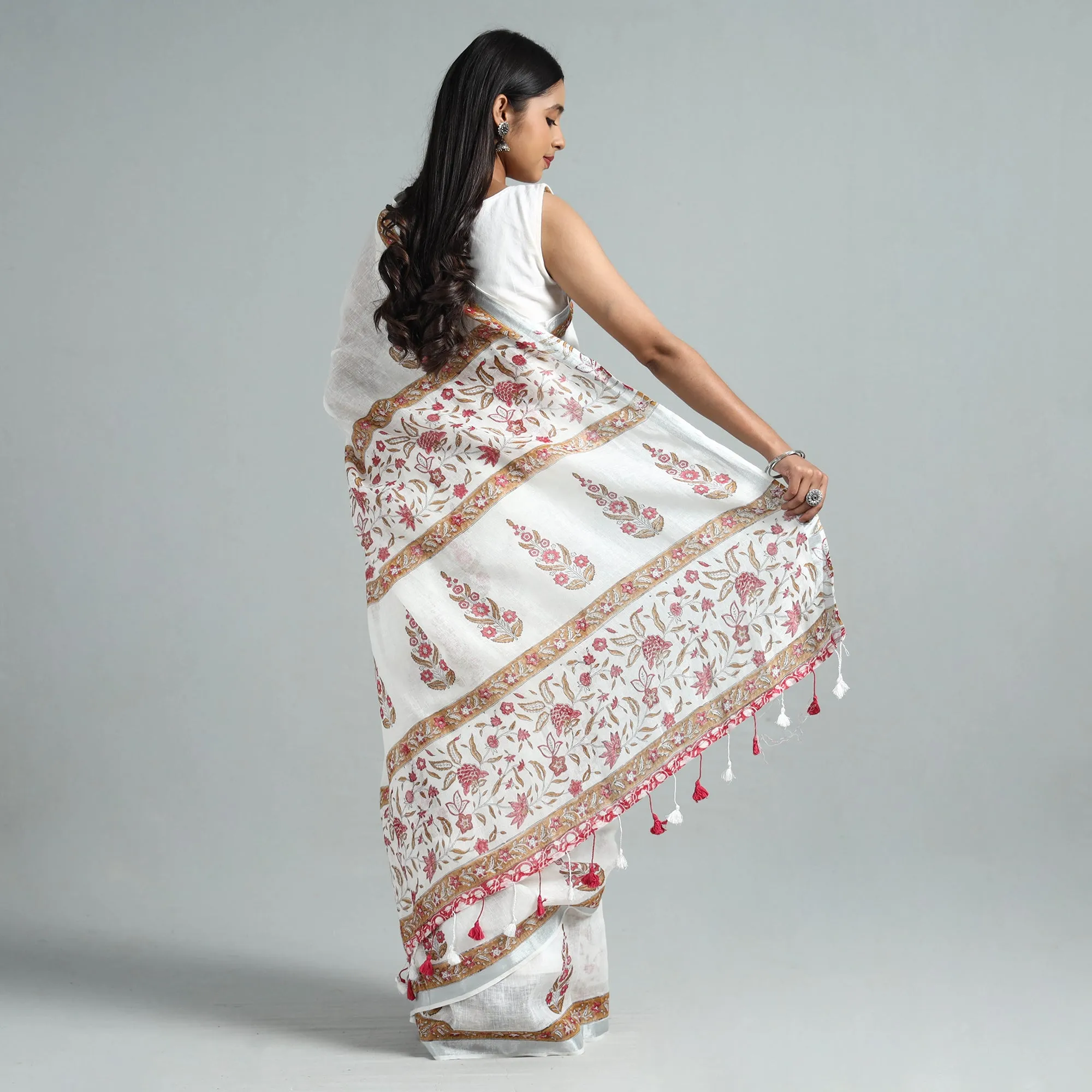 white - Sanganeri Block Printed Linen Handloom Saree