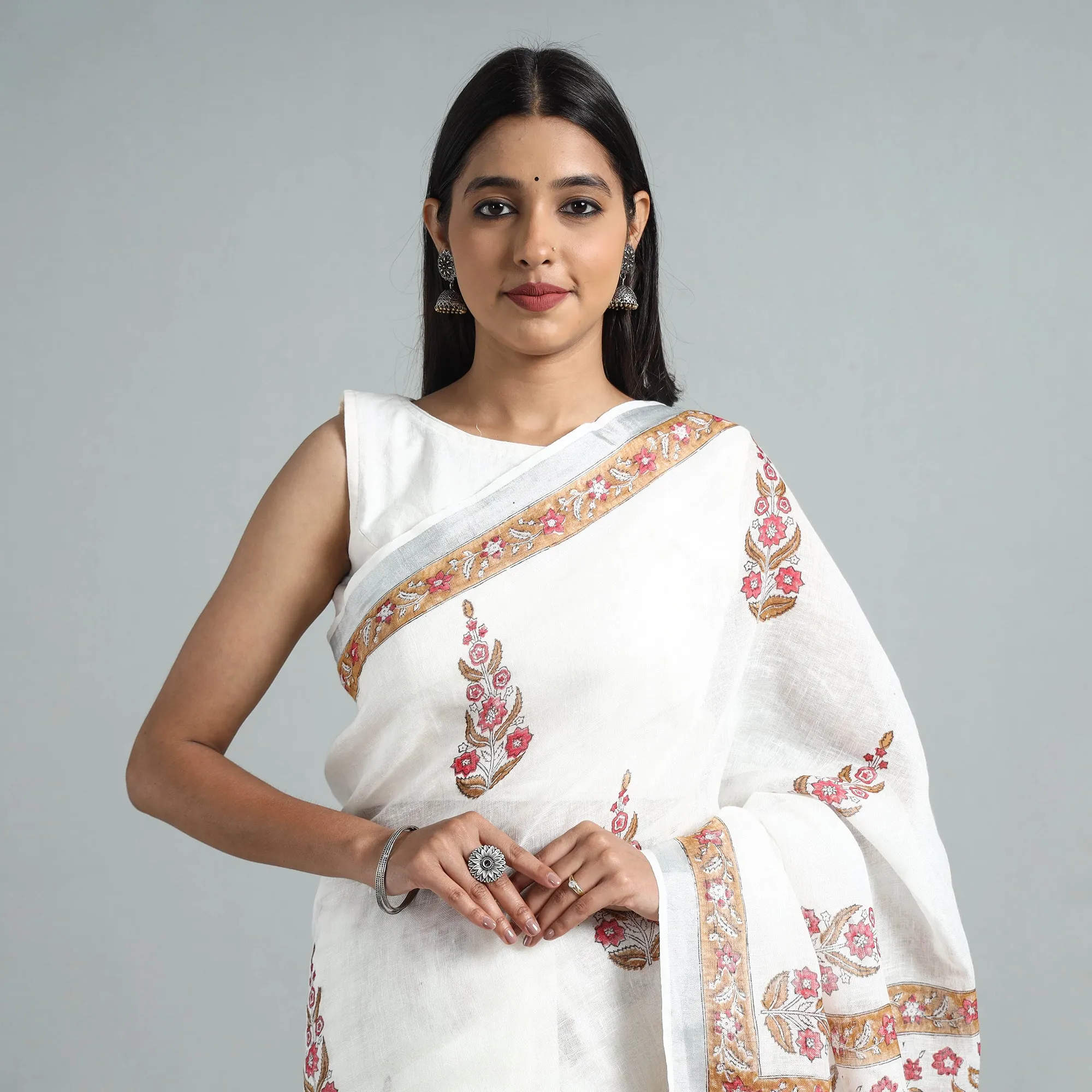 white - Sanganeri Block Printed Linen Handloom Saree