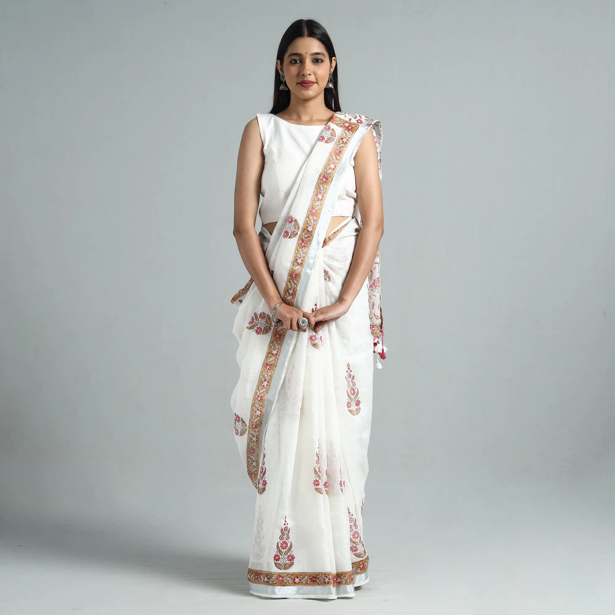 white - Sanganeri Block Printed Linen Handloom Saree