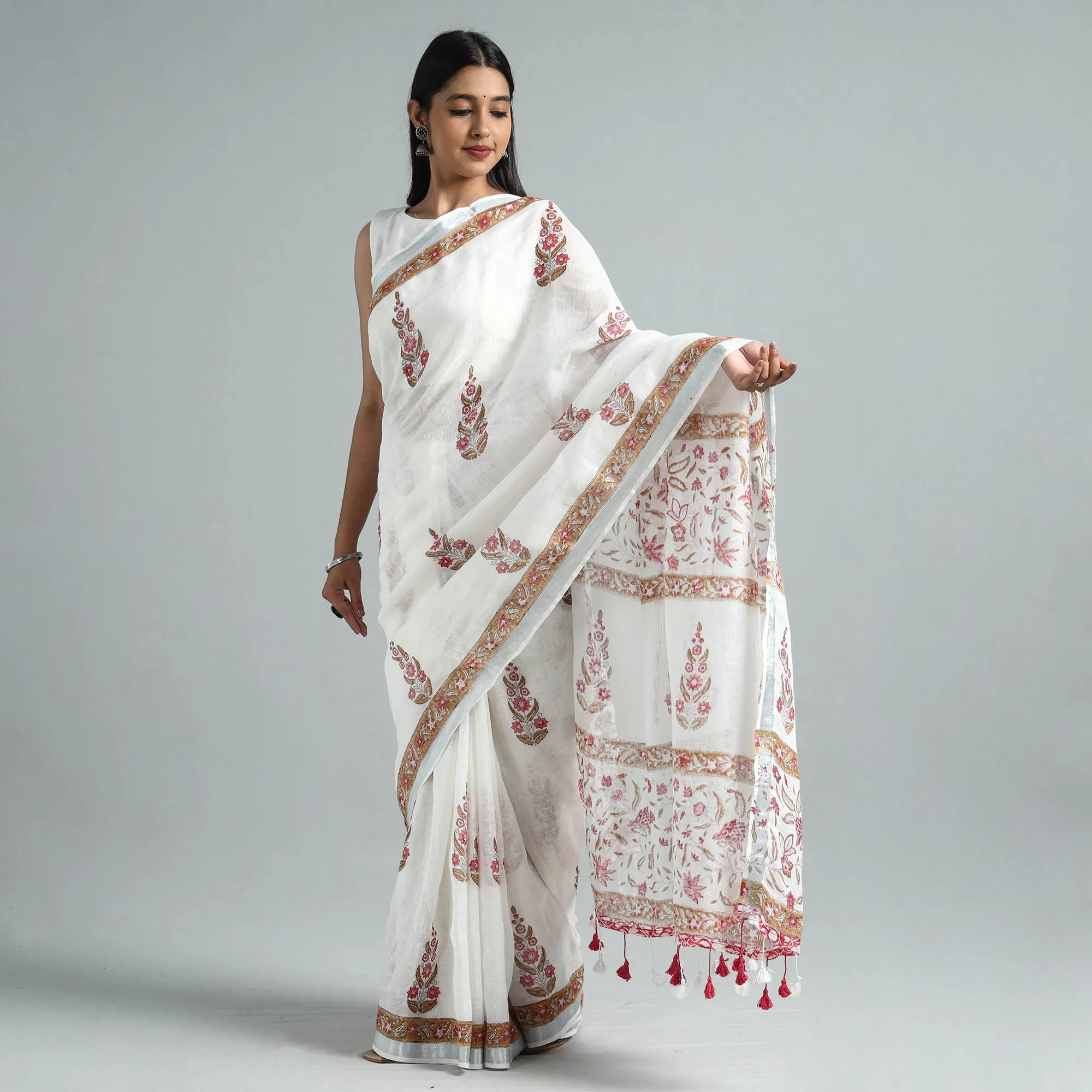 white - Sanganeri Block Printed Linen Handloom Saree