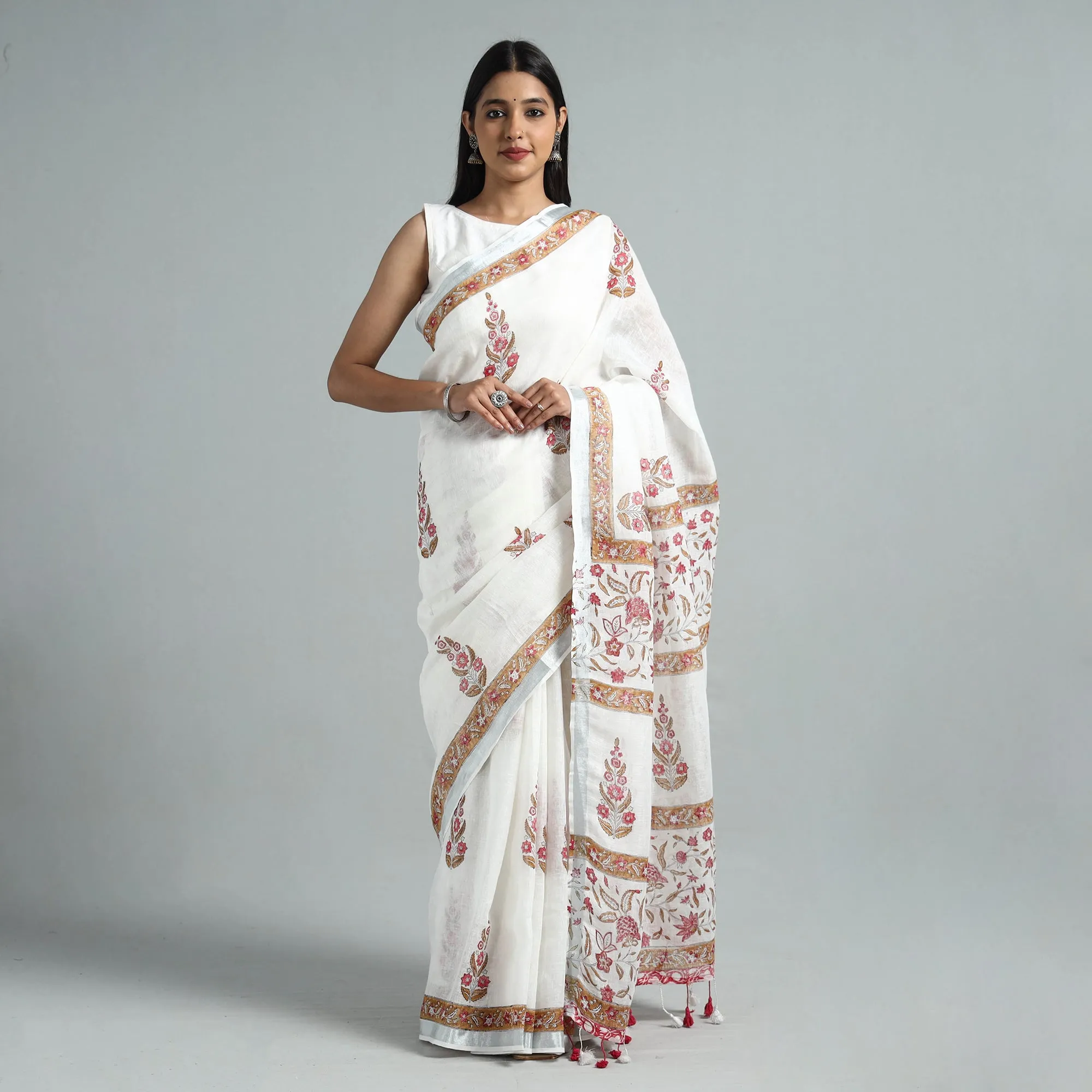 white - Sanganeri Block Printed Linen Handloom Saree