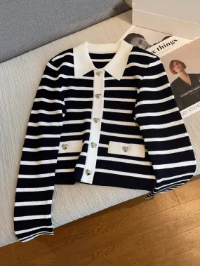 Women Single Breasted Striped Cardigan Jacket O-Neck Long Sleeve Casual Slim Short Knitted Coat for Lady Fall Winter C-215