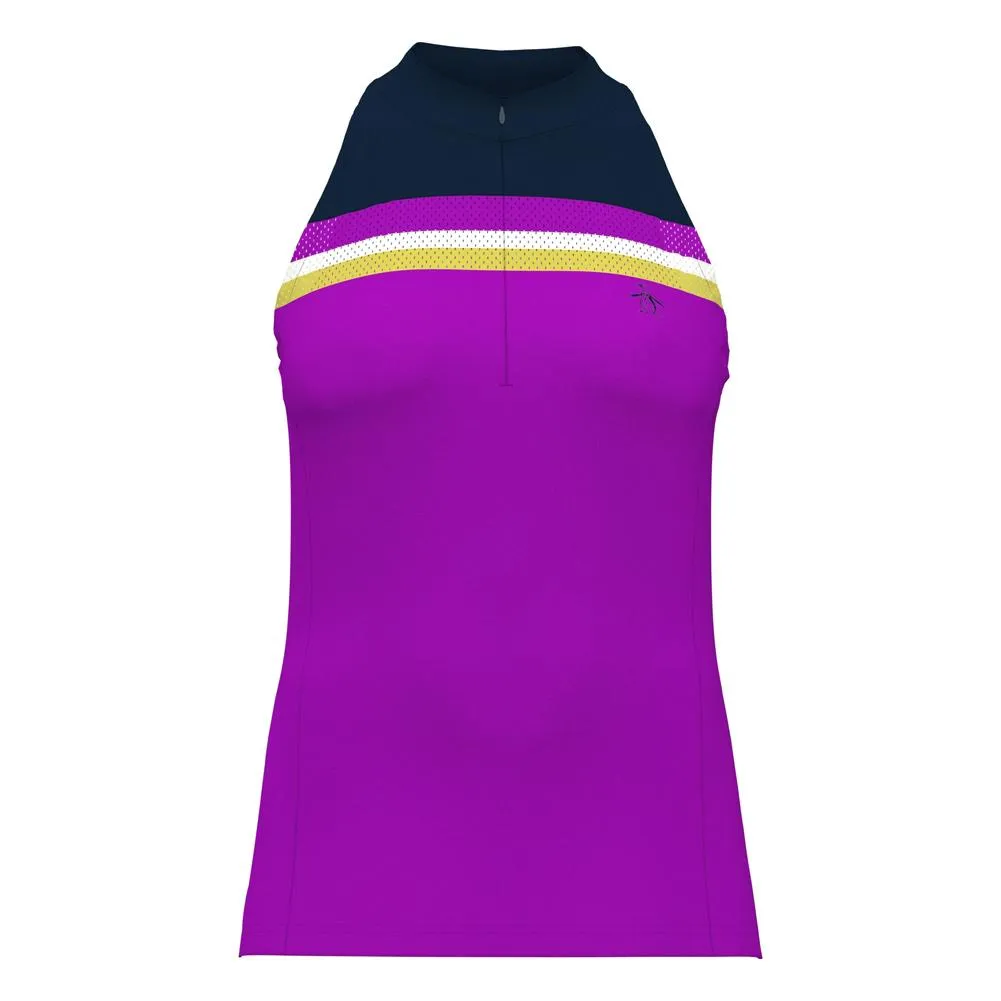 Womens Color Block Zip Halter Tennis Tank Purple Cactus Flower