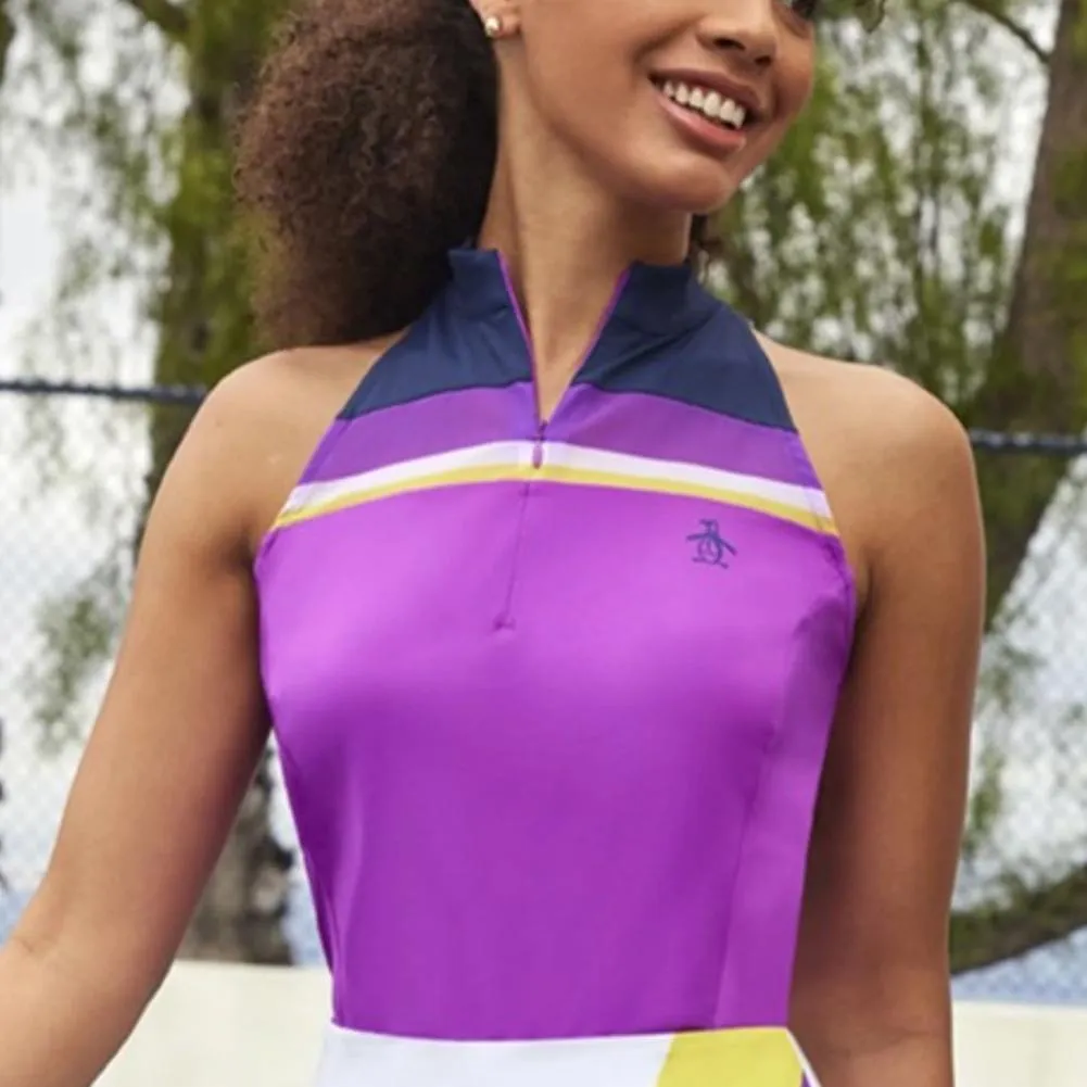 Womens Color Block Zip Halter Tennis Tank Purple Cactus Flower