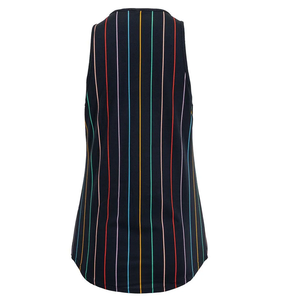 Women`s Cross Court Loose and Long Tennis Tank India Ink and Rainbow Stripe