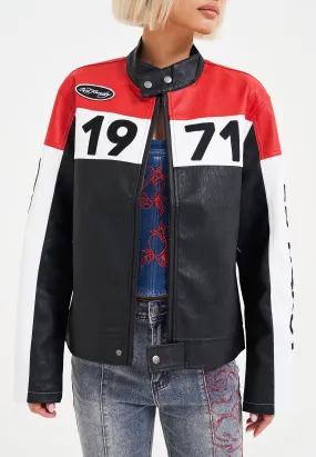 Womens ED-1971 Moto Biker Jacket- Black/Red/White