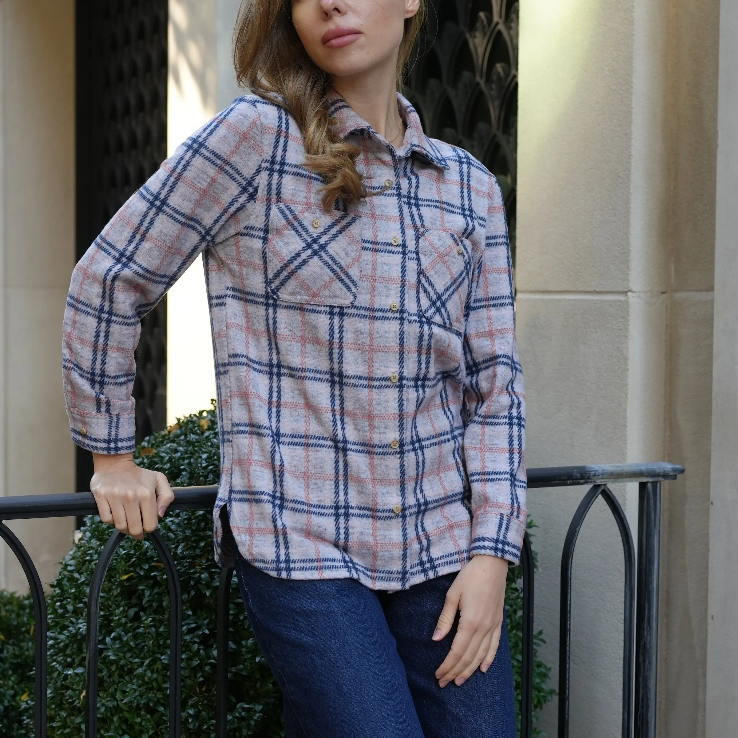 Women's Magnetic Front Curved Hem Pink, Navy and Gray Flannel Shirt