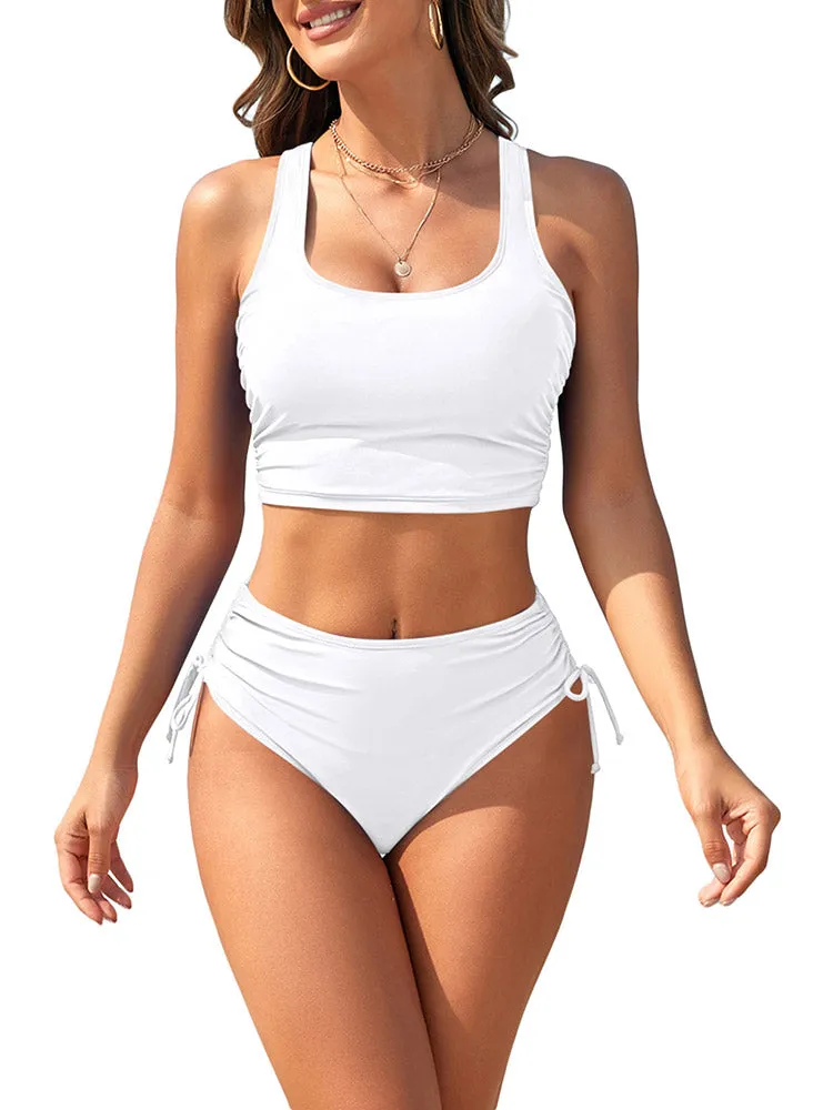 Women's Scoop Neck Racerback Ruched Crop Top High Rise Bikini Sets