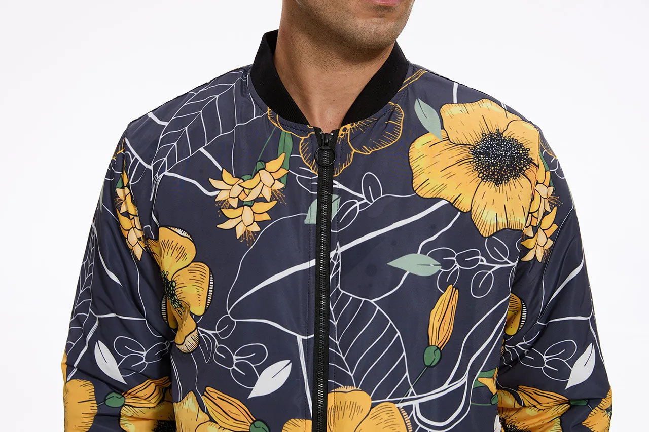 Yellow Floral Quilted Bomber Jacket